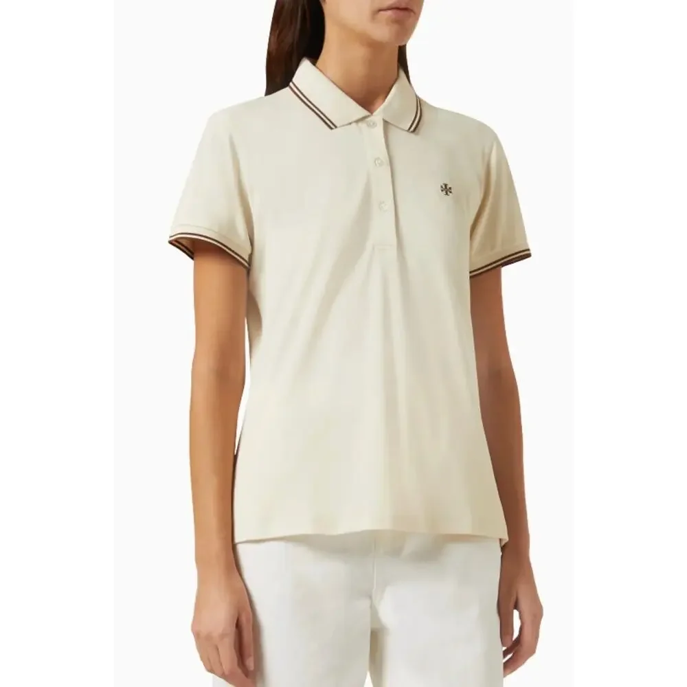 Tory Burch Classic Tech Pique Polo Shirt in Sesame Cream size S small